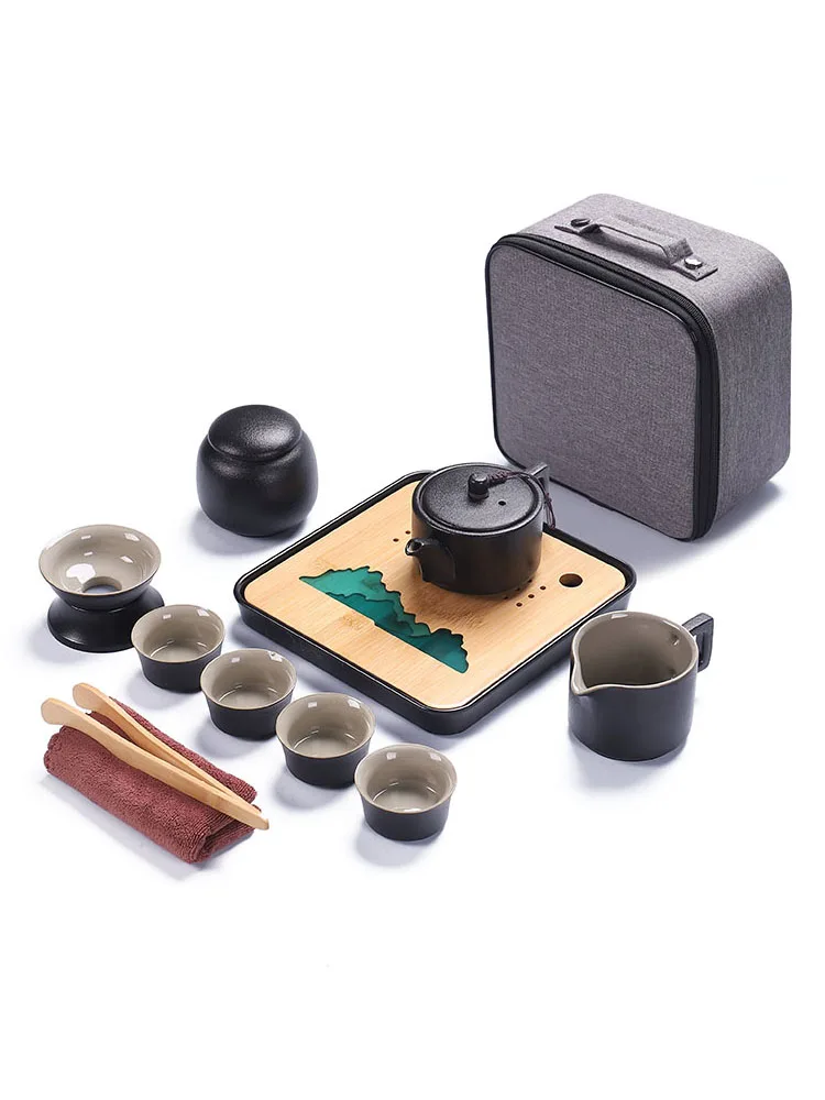  Travel tea set portable bag kung fu tea set Japanese style black pottery simple outdoor one pot fou