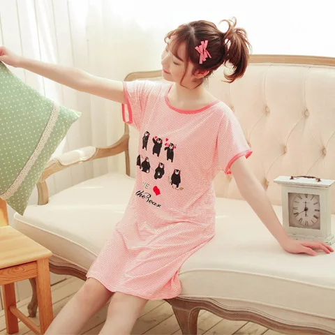 Hongya Blue New Style Students Cute Loose-Fit Mid-length Cartoon Stripes Home Nightgown