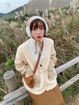 

2020 Autumn Horn Button Computer Knitted Long Cardigans High Street Wool Women Long Sweater Women Winter Clothes
