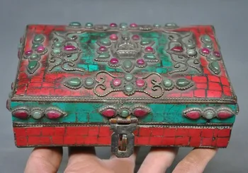 

wedding decoration Old Tibetan Temple Bronze inlay Turquoise coral Gem vessel Jewelry Box Boxes