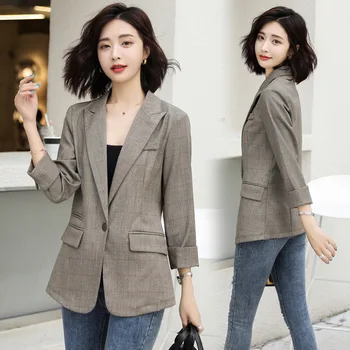 

Women's jacket 2019 autumn new casual fashion temperament Slim thin single-breasted plaid small suit women's clothes