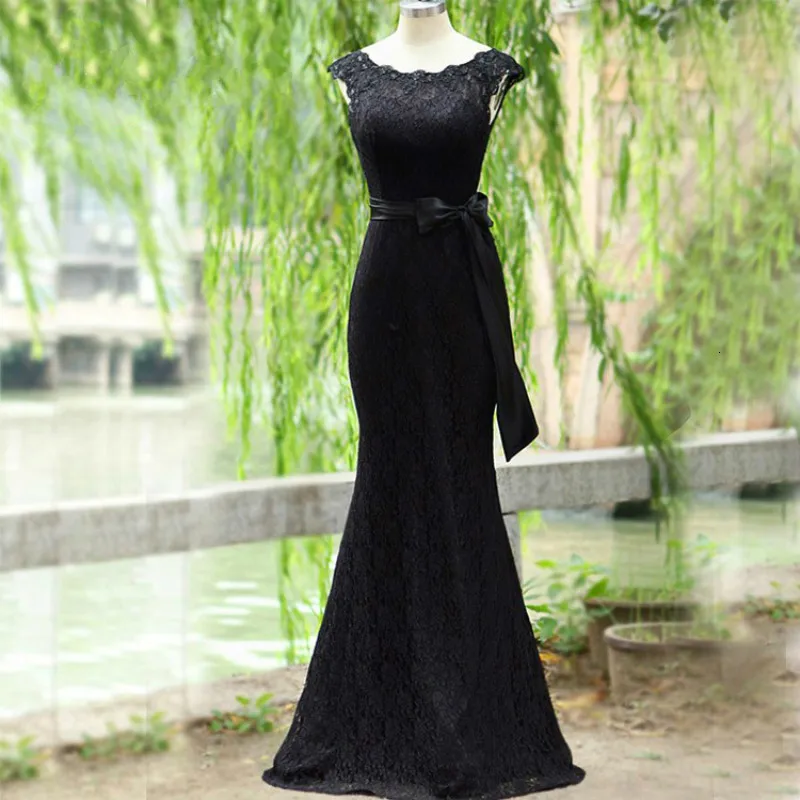 

Long Evening Dress Lace Black Belt Bow O-neck Sleeveless None Train Formal Dresses Woman Prom Gown Plus Size