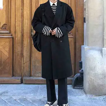 

Autumn South Korea ulzzang handsome draping windbreaker men's Black Retro Korean medium long coat casual coat