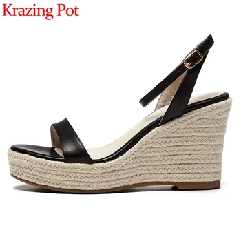 

Krazing pot 2020 classic colors cow leather peep toe straw wedges super high heels elegant lady catwalk party sandals women L22