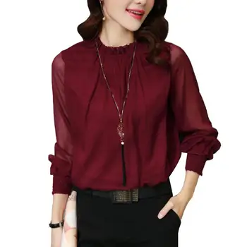 

Elegant Office Lady See-through Solid Color Ruffled Long Sleeve Chiffon Blouse