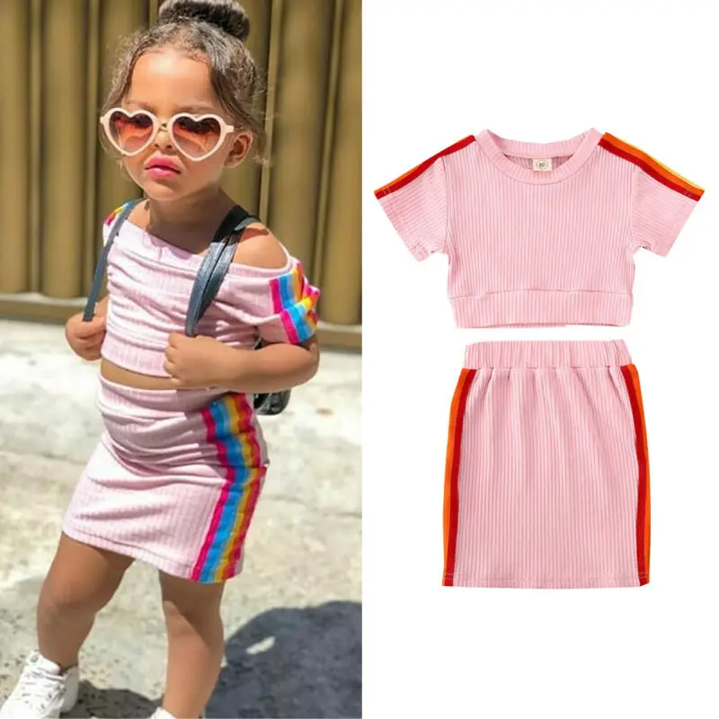 

Summer Fashion Toddler Kids Baby Girls Striped Clothes Sets Short Sleeve Crop Top Mini Skirt 2Pcs Cotton Outfits Suit