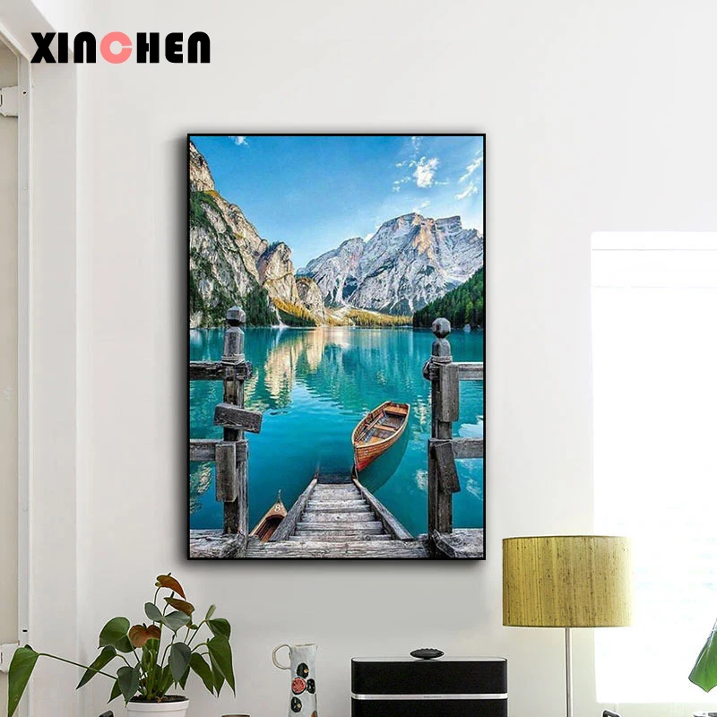 XINCHEN Алмазная 5D DIY алмазная живопись пейзаж Озеро Лодка вышивка набор Живопись