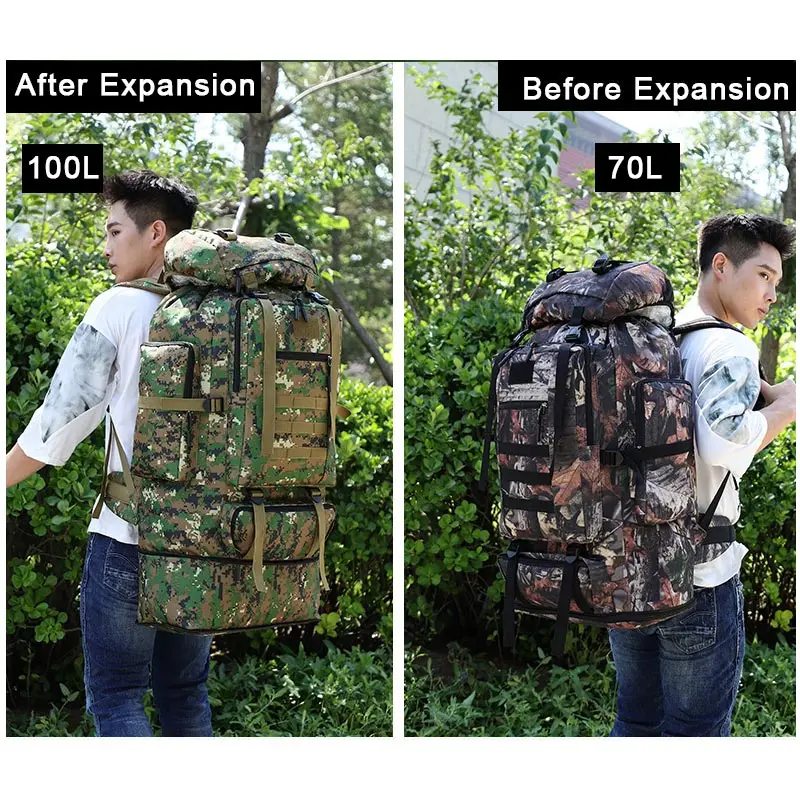 100L Tactical Military Backpack Camping Hiking Outdoor Travel Rucksack   q Q ≺⋮