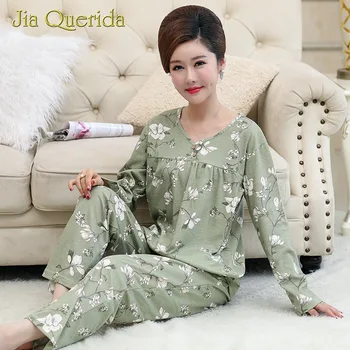 

Elegant Womens Sleep Pajamas Set 100% Cotton Green Flower Print Long Sleeves Pants V-neck Button Decoration Autumn Home Clothes