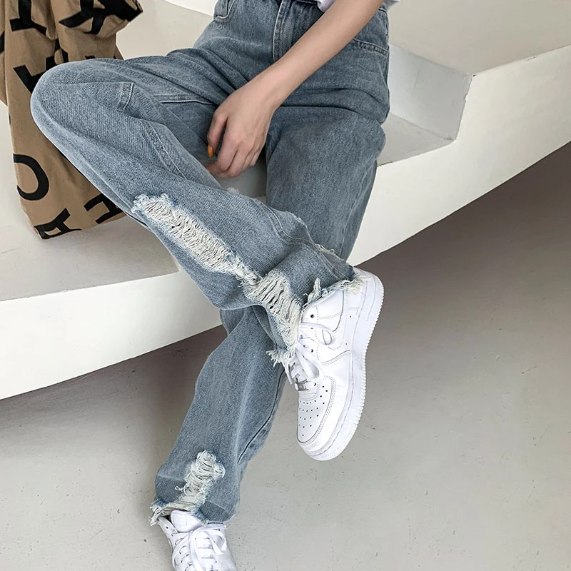 Ripped jeans female fat sister mm plus size women's clothing autumn winter  high waist Korean style loose straight pants trend|Jeans| - AliExpress