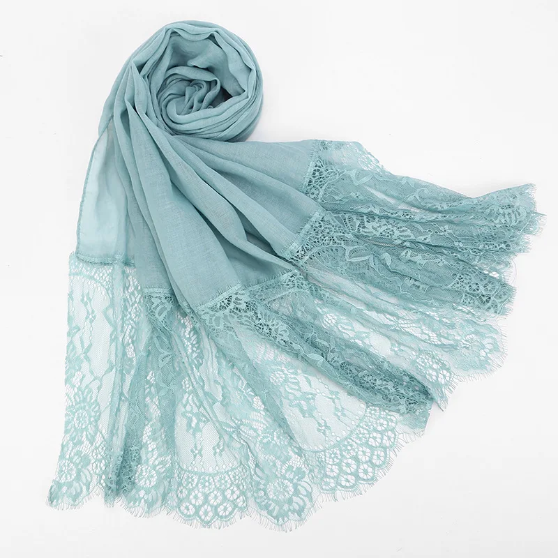 Популярный длинный шарф с кружевными краями хиджаб, женская простая Макси-шаль, цветочный кружевной платок, вискозный хлопок, мусульманские хиджабы-шарфы