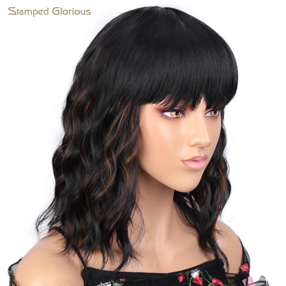 

Stamped Glorious Black Mixed Brown Short Wavy Synthetic Hair with Bangs Bob Curly Shoulder Length Wig For African American