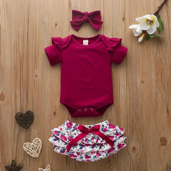 

High Quality Baby Girls Clothes Short Sleeve Set Red wine Bodysuit+Floral PP Pant+Headband Summer Infant Baby Clothing Suit D30