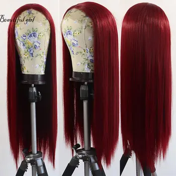 

Burgundy Wine Red Long Straight Synthetic 13*3 Lace Front Wig Heat Resistant Fiber Natural Hairline Middle Parting For Women Wig