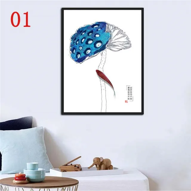 Nordic Canvas Poster Koi Fish Landscape Blue Hindu Lotus Seedpod Paintings Wall Art Print Quotes Pictures