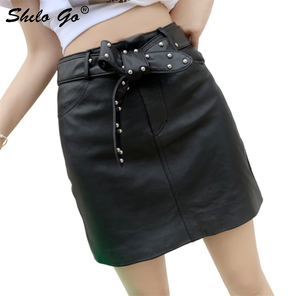 

Genuine Leather Skirt Elegant Rivet Detail Bow Belted Sheepskin Pencil Skirts Women Autumn Winter Solid Office Lady Hot Skirt