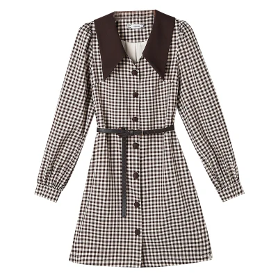 Retro Plaid Fashion Dress Blazer Feminino Single Breasted Sashes Peter Pan Collar Office Lady Womens Blazers Long Sleeve Coats