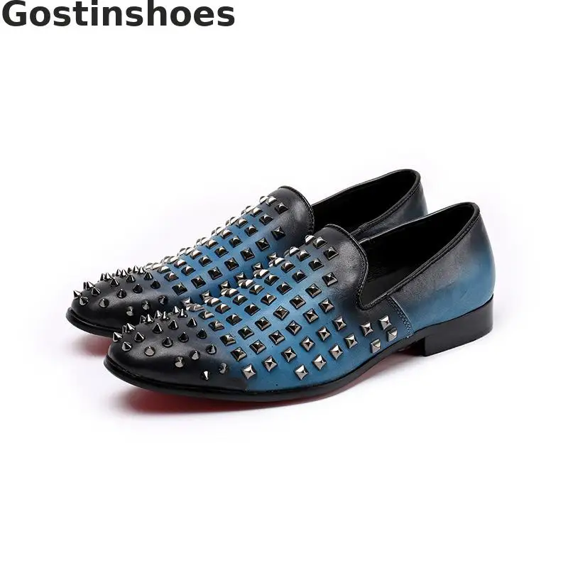 

Men Loafers Black And Blue Mixed Color Genuine Leather Casual Leather Shoes Fashionable Comfortable Men Shoes Rivets Decoration