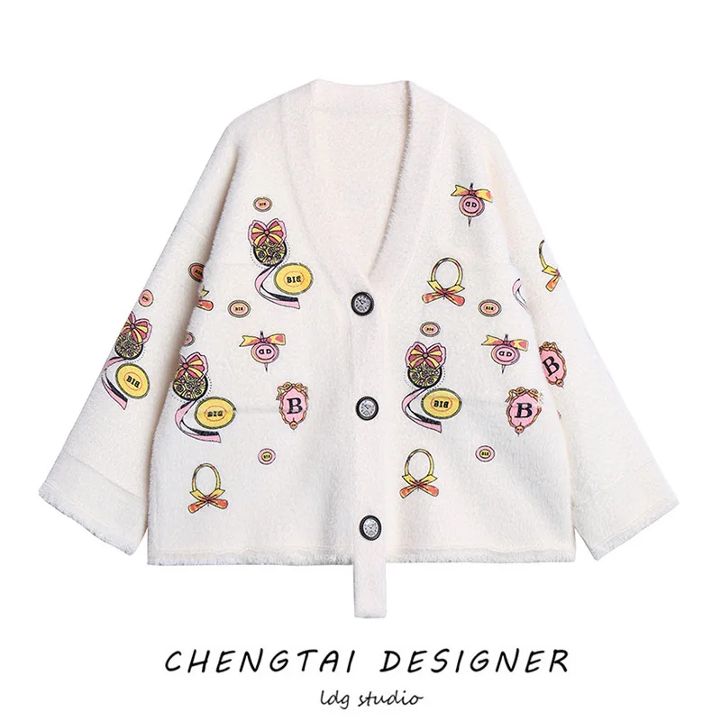 

Mink Cashmere Coat Women's Short 2019 New Style Thick Loose-Fit Laziness-Style Very Fairy of Sweater Printed Knitted Cardigan