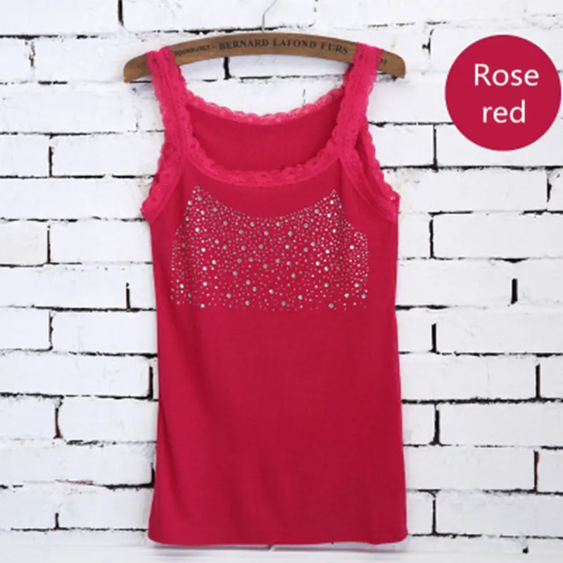 Rose red Женская кружевная майка для досуга, стразы, блестки, женский топ на бретелях с кружевным воротником, футболки с низким вырезом, топы без рукавов - Цвет: Rose red