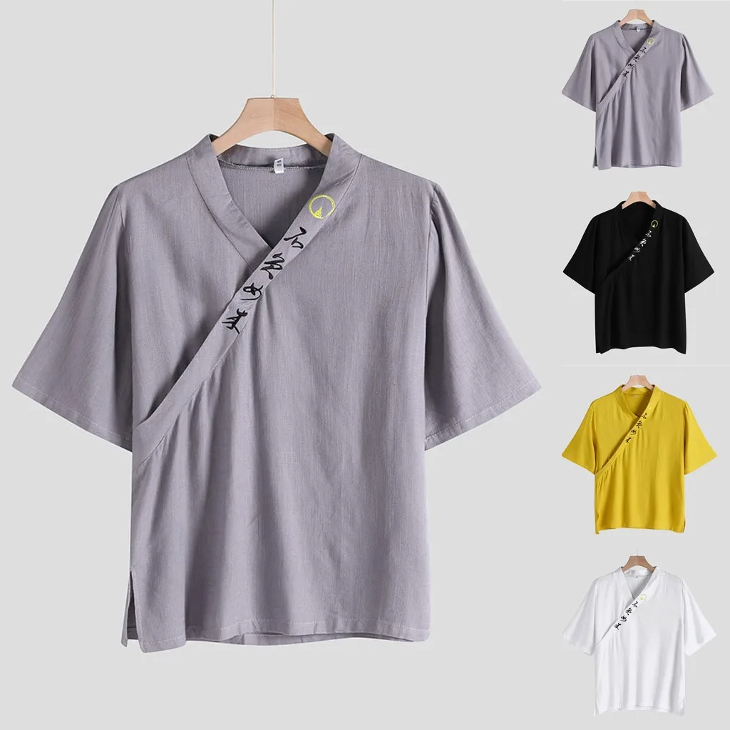 

Mens Summer Breathable Blouse Retro Ethnic Blouse Solid Shirt Personality Cotton-linen Pure Shot Sleeved Top Sport Loose Tops