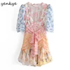 YENKYE Multicolor Patchwork Floral Print Dress Women  Sexy V Neck Short Sleeve Sashes  Holiday Summer Dress Asymmetric Mini Robe ► Photo 1/6