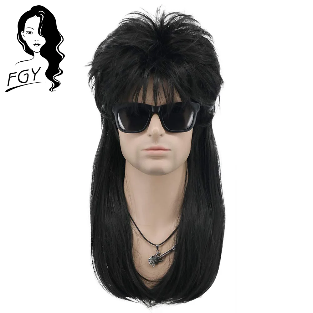 Fgy Men's Long Straight Hair Synthetic Band Bangs Curly Hair Black 80s  Mullet Cosplay Punk Heavy Metal Rock Halloween Wig - Synthetic Wigs(for  Black) - AliExpress
