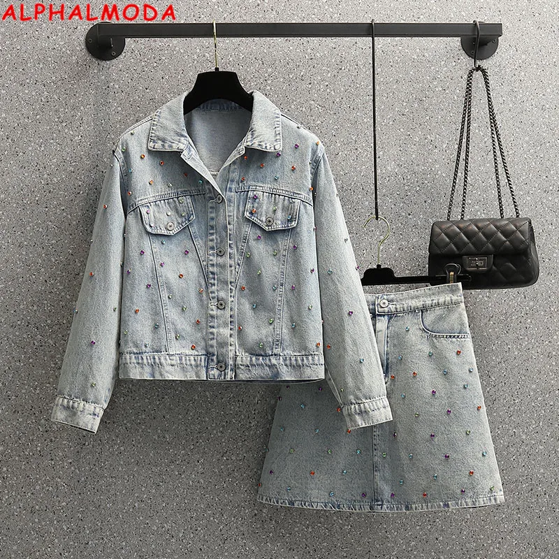 ALPHALMODA 2022 Spring Heavy Work Diamond Trim Denim Jacket Skirt Women 2pcs Fashion Suits Stylish Colorful Studded Outfits |
