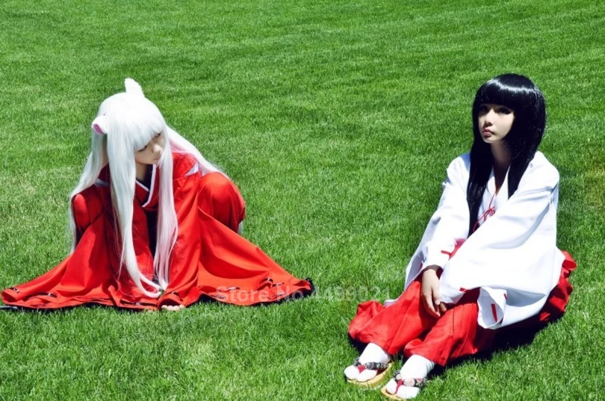 Женский карнавальный костюм Inuyasha kiyo на Хэллоуин, вечерние, белые, красные, с бантом, кимоно, платье, парик, Клог, набор носков, наряд