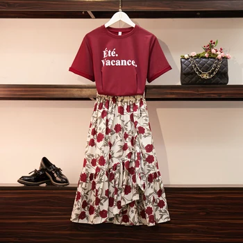 

New arrival Runway Summer Women's letter Printing Tshirt + Hgih Waist flower Floral Printing elegant Skirts Female 2pcs Suits