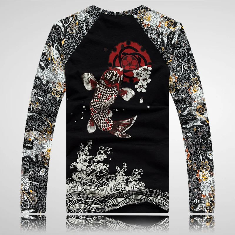 Japanese Tattoo Flower Arm Printing Cotton Long-Sleeved T Shirt