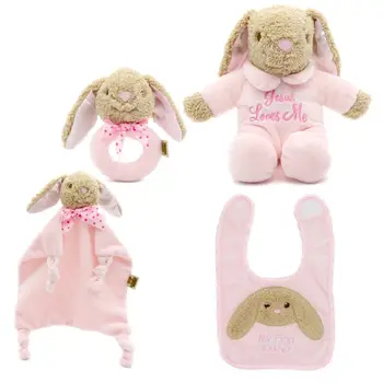 

Bunny Skin-Friendly Bite Baby Set Supplies Four-Piece Cotton Baby Singing Appease Saliva Towel Bib Hand Rattle Set