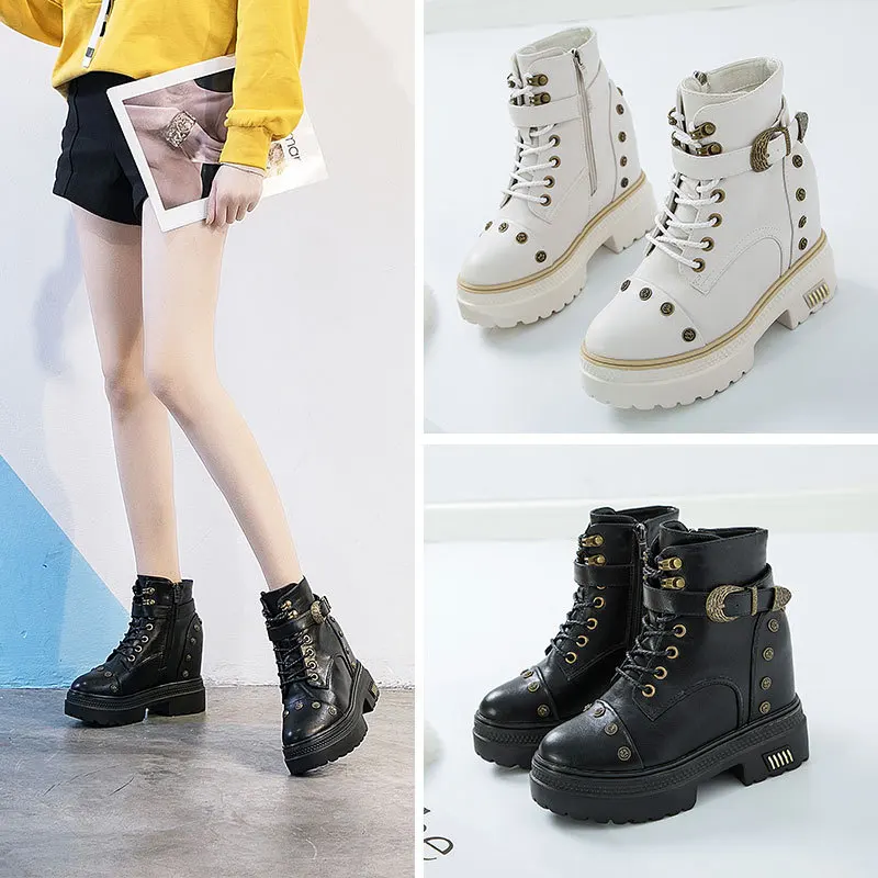 

2019 Autumn And Winter plus Velvet Elevator Martin Boots Women's Thick Bottomed mao ding kuan Lace-up Zipper Women's Ankle Boots