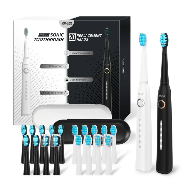 Seago Sonic Electric Toothbrush Tooth brush USB Rechargeable adult Waterproof Ultrasonic automatic 5 Mode with Travel case black white 20 Head
