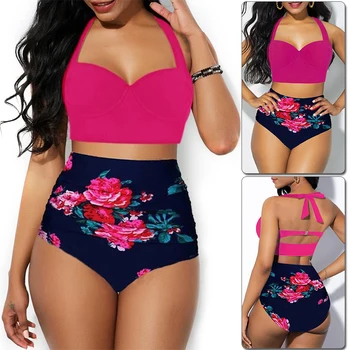 

Sexy High Waist Bikini Swimsuit Women Swimwear Print Push Up Bikini Set Bandeau Two Piece Suit Beach Wear Swimming Suit 2020 New