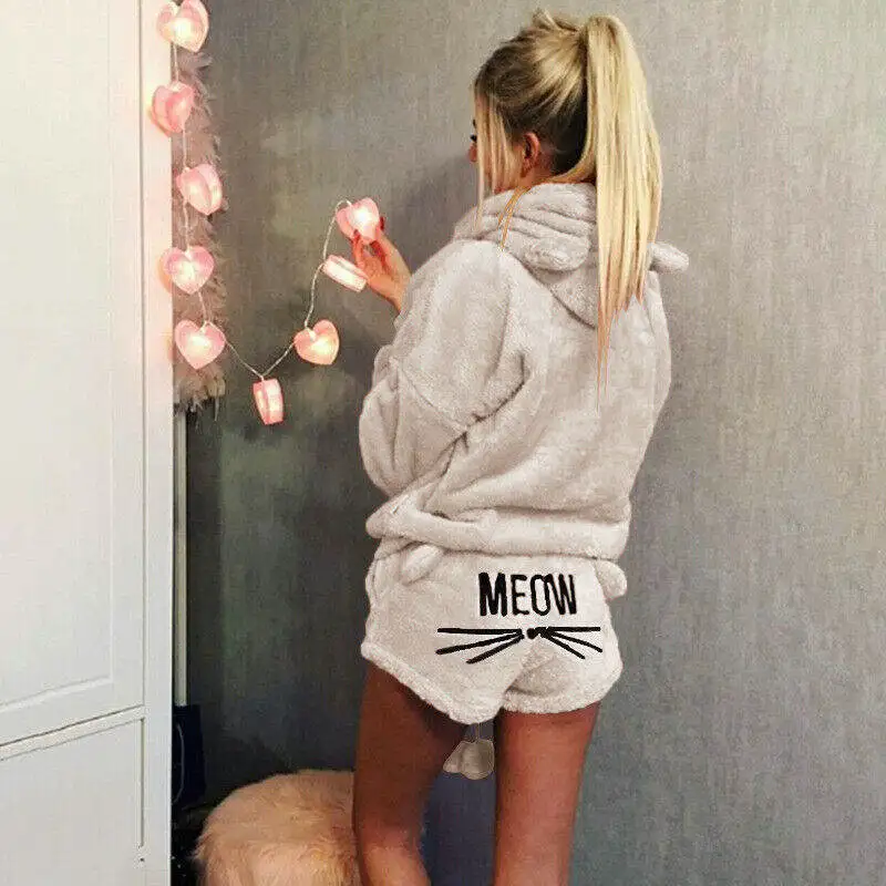 

2019 Winter Women Pajama Set Long Sleeve Cotton Cat Ear Pullover Hoodies+Short Cotton Pants Two Piece Suit Nightgown