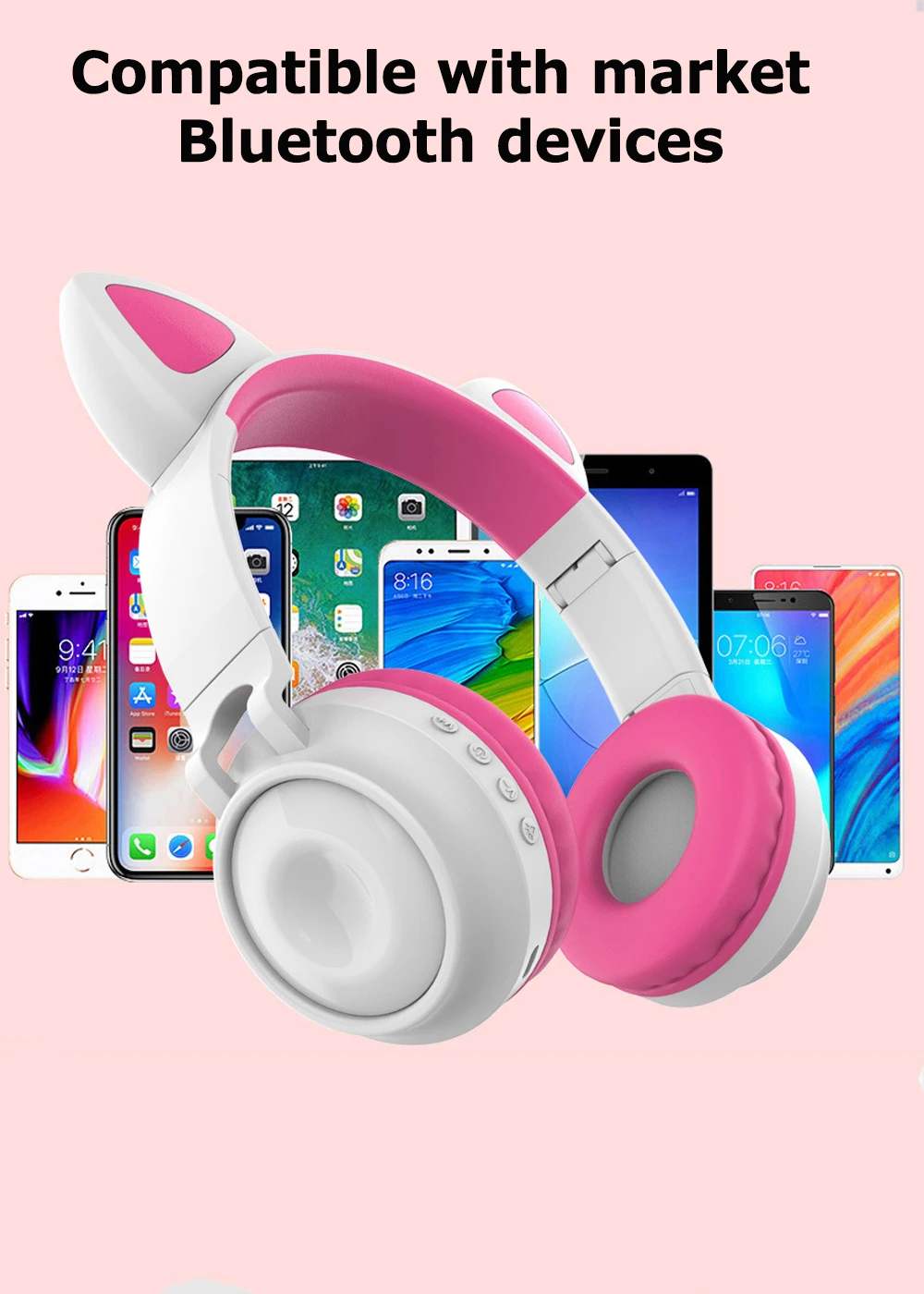 Kids Bluetooth 5 0 Headphone LED Cat Ear Bluetooth Headset With Mic for Handsfree Support TF Card Aux for Boys Girls Gifts