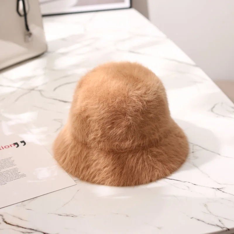 Women's Winter Fashion Solid Color Rabbit Fur Knitted Bucket Hat
