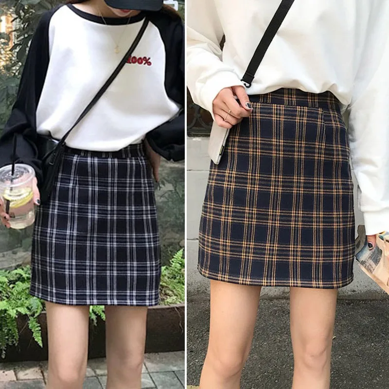 Уличная клетчатая трапециевидная юбка Harajuku, женская сексуальная тонкая мини-юбка, корейский стиль, высокая талия, женская повседневная короткая юбка, jupe femme