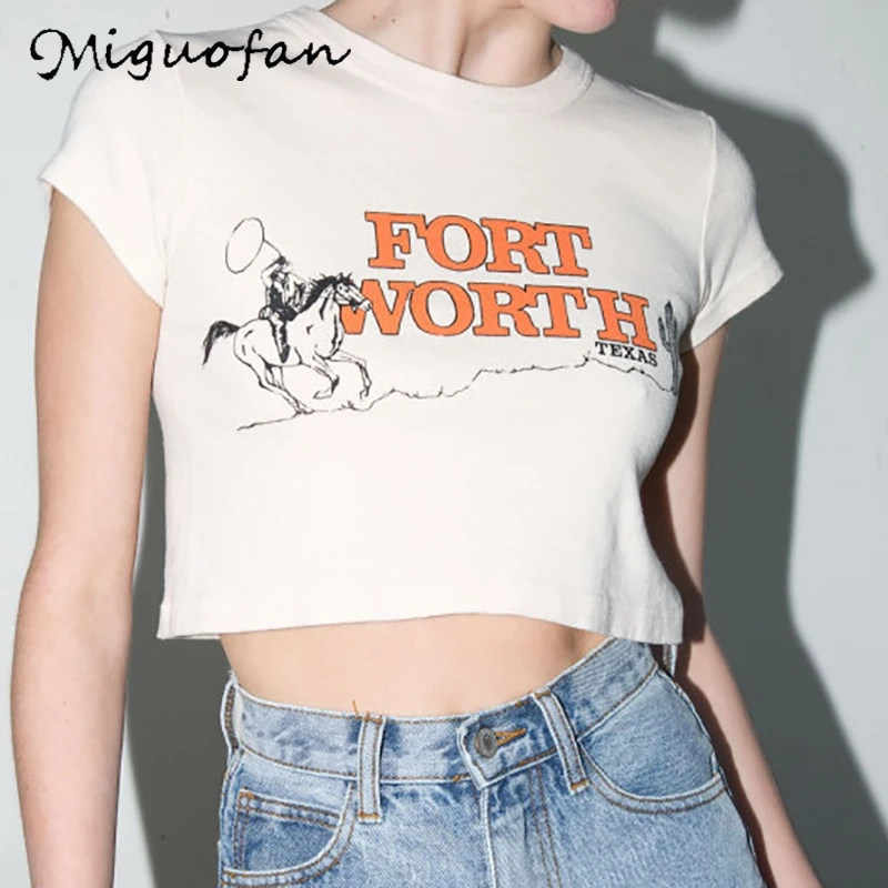 Miguofan Women T-shirt short tshirts summer Fun Letter Printing crop shirt Casual Fashion Short-sleeved Harajuku 2020 streewear | Женская