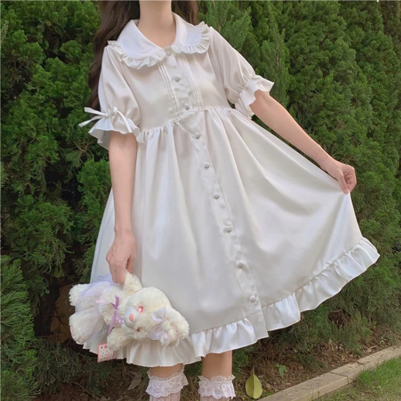White Lolita Daily Dress For Teens Retro Vintage Gothic Victorian Japanese Style School Student Ruffles Sweet Girl Princess |