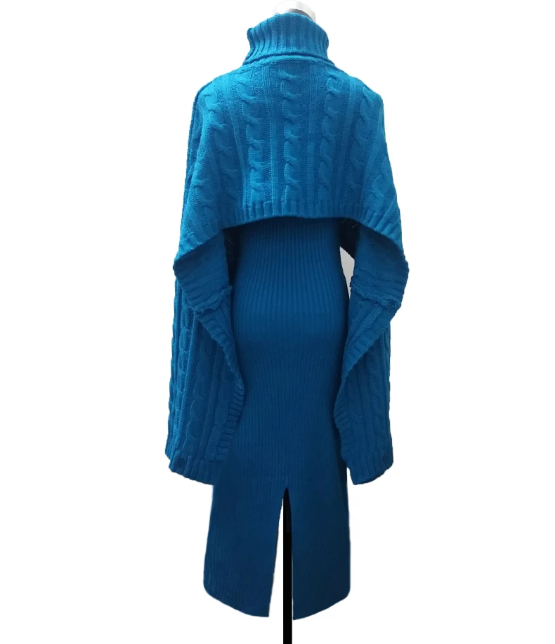 Осенне-зимнее женское платье-свитер из двух частей, вязаный Свободный плащ, укороченный топ с высоким воротом и длинное платье-майка с разрезом