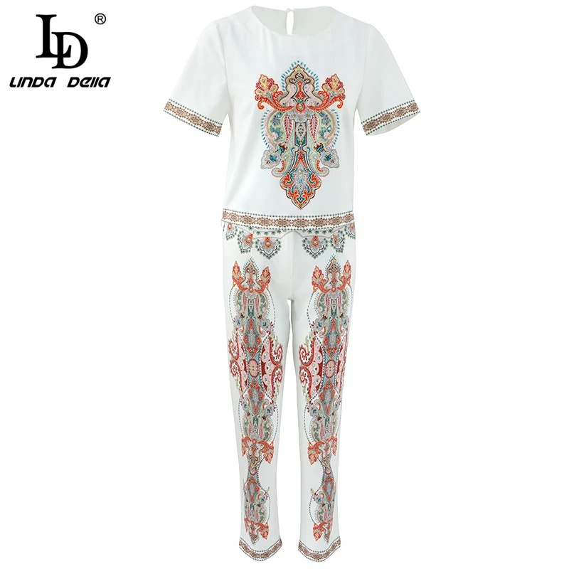 

LD LINDA DELLA Fashion Runway Vintage Sets Women's Summer Vacation Printed Tops and Pants Two Pieces Set 2019