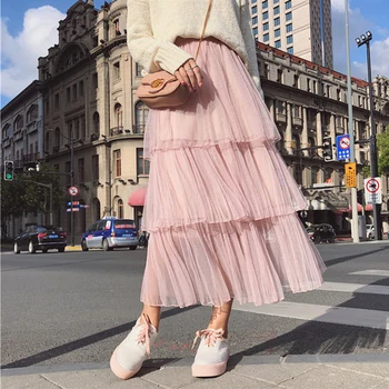 

Ailegogo 2019 Autumn Winter Women Ankle-Length Long Skirt Casual Elegant Tulle Multi Colors Sweet High Waist Female SK7315