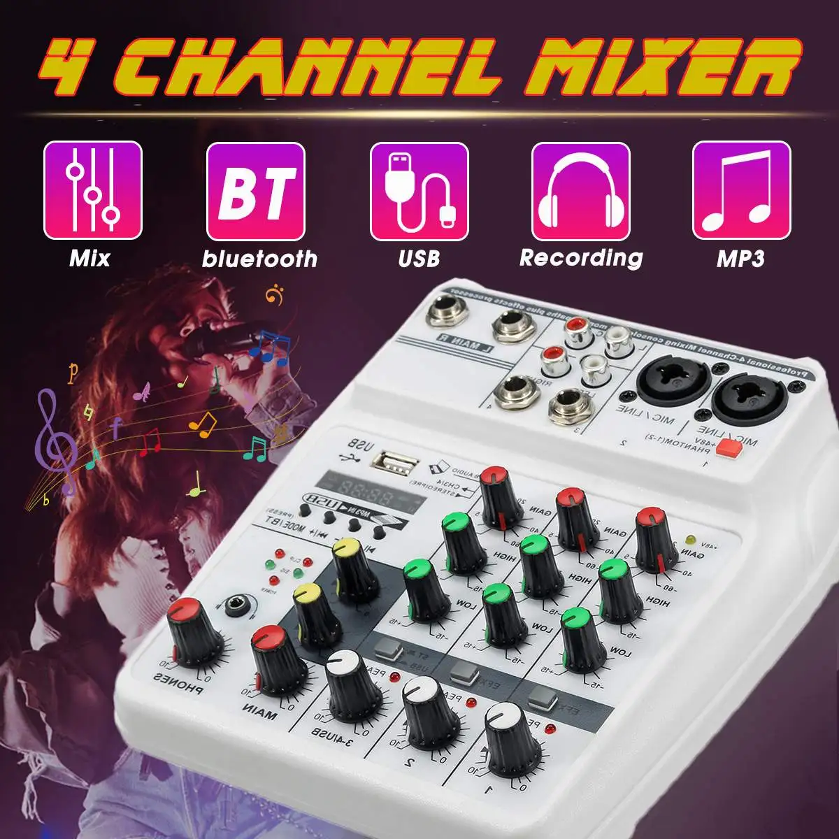 

4 Channel bluetooth Sound Mixing Console Record 48V Phantom Power Monitor Professional USB Audio Mixer for Home KTV Studio