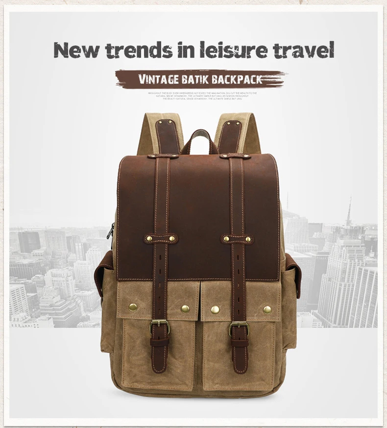 Fashion Retro Men's CanvasBookbag Large Capacity 15 Inch Computer Outdoor Crazy Horse Leather Travel Bag Heavy Duty Satchel