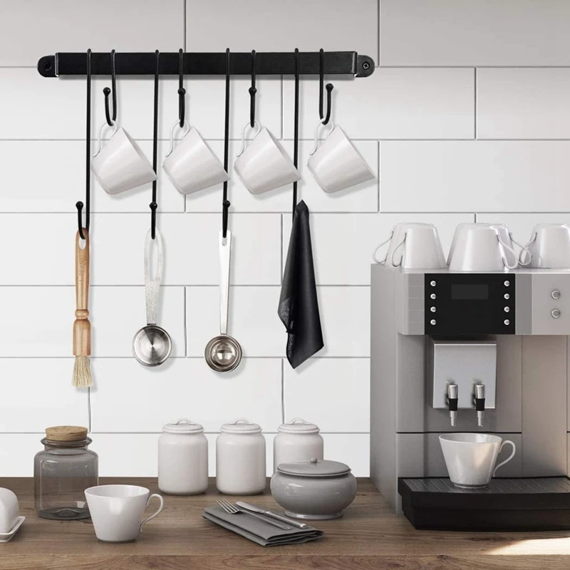 Hot Coffee Mug Rack Wall Mounted Coffee Cup Holder with Flexible Hooks for Mugs Teacups Kitchen Utensils(16 Inch/Black) cup storage holder