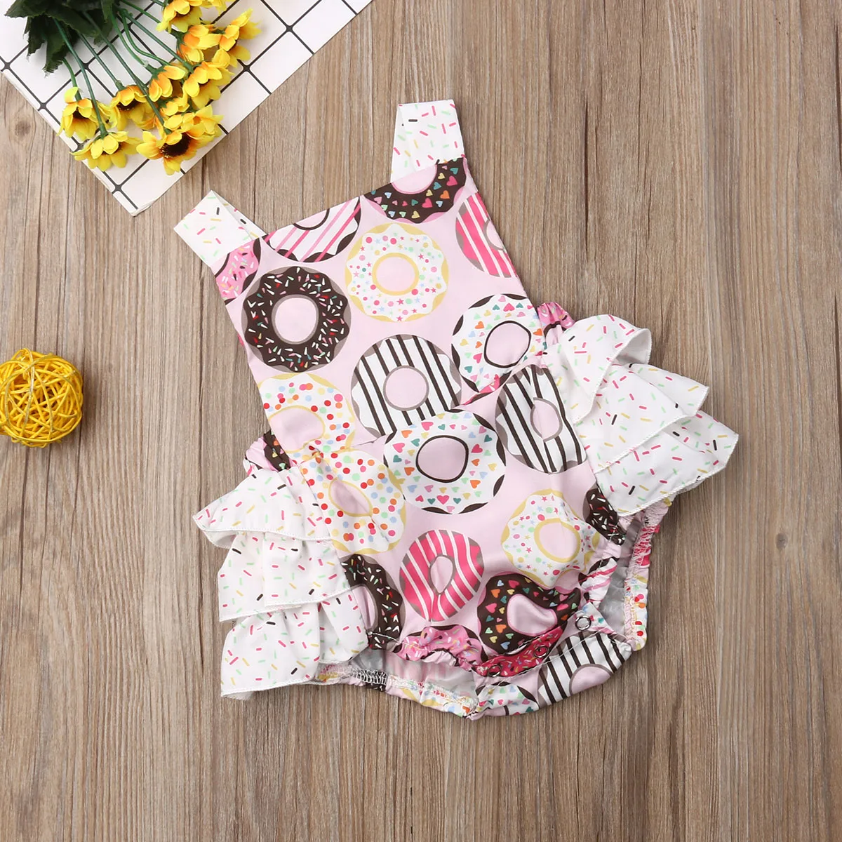 Pudcoco Newborn Baby Girl Clothes Sleeveless Doughnut Print Ruffle Romper Jumpsuit One-Piece Outfit Sunsuit Clothes 0-24M