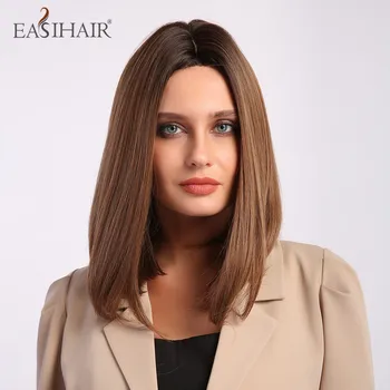

EASIHAIR Women Middle Part Synthetic Wig Hairline Part Lace Wigs Ombre Brown Wigs Heat Resistant Natural Bob Wig Cosplay