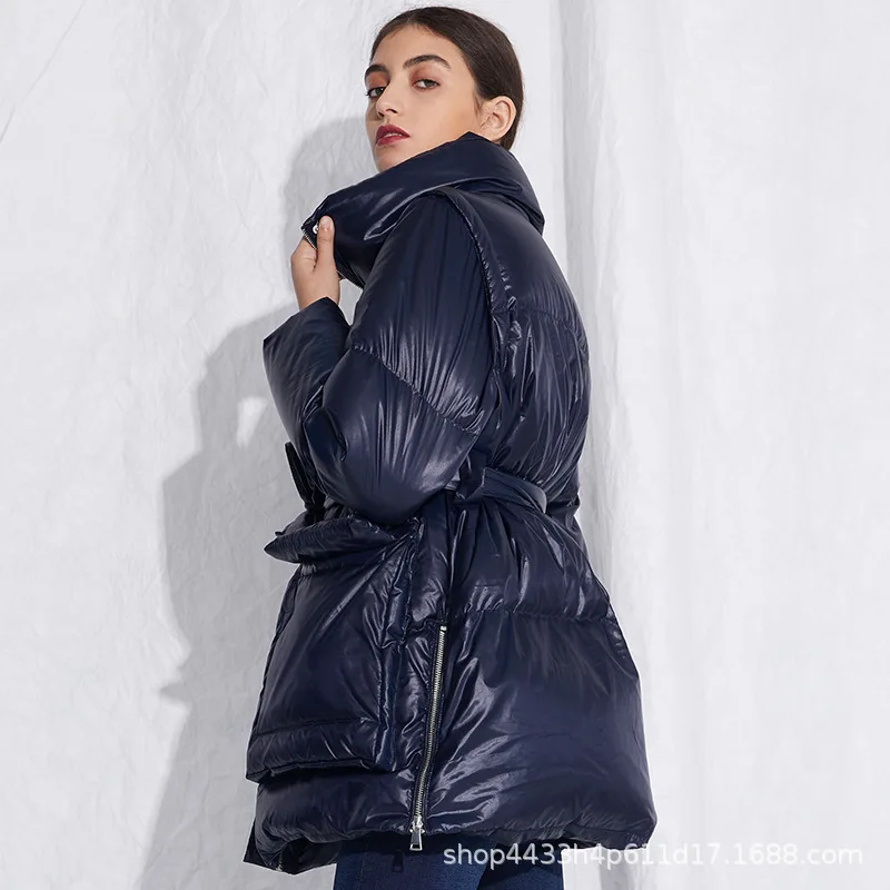 Beste Winter grote zakken Warme pluizige Eend down jas vrouwelijke was dunne stand kraag Donsjack dikker warme beneden Parka met riem F717